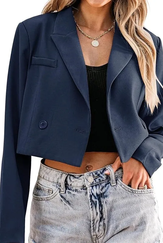 Business Cropped Blazer - Navy