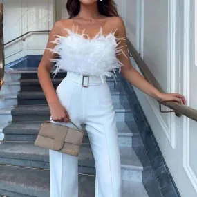 Designer Strapless Feather Bandeau Wide Leg Palazzo Jumpsuit