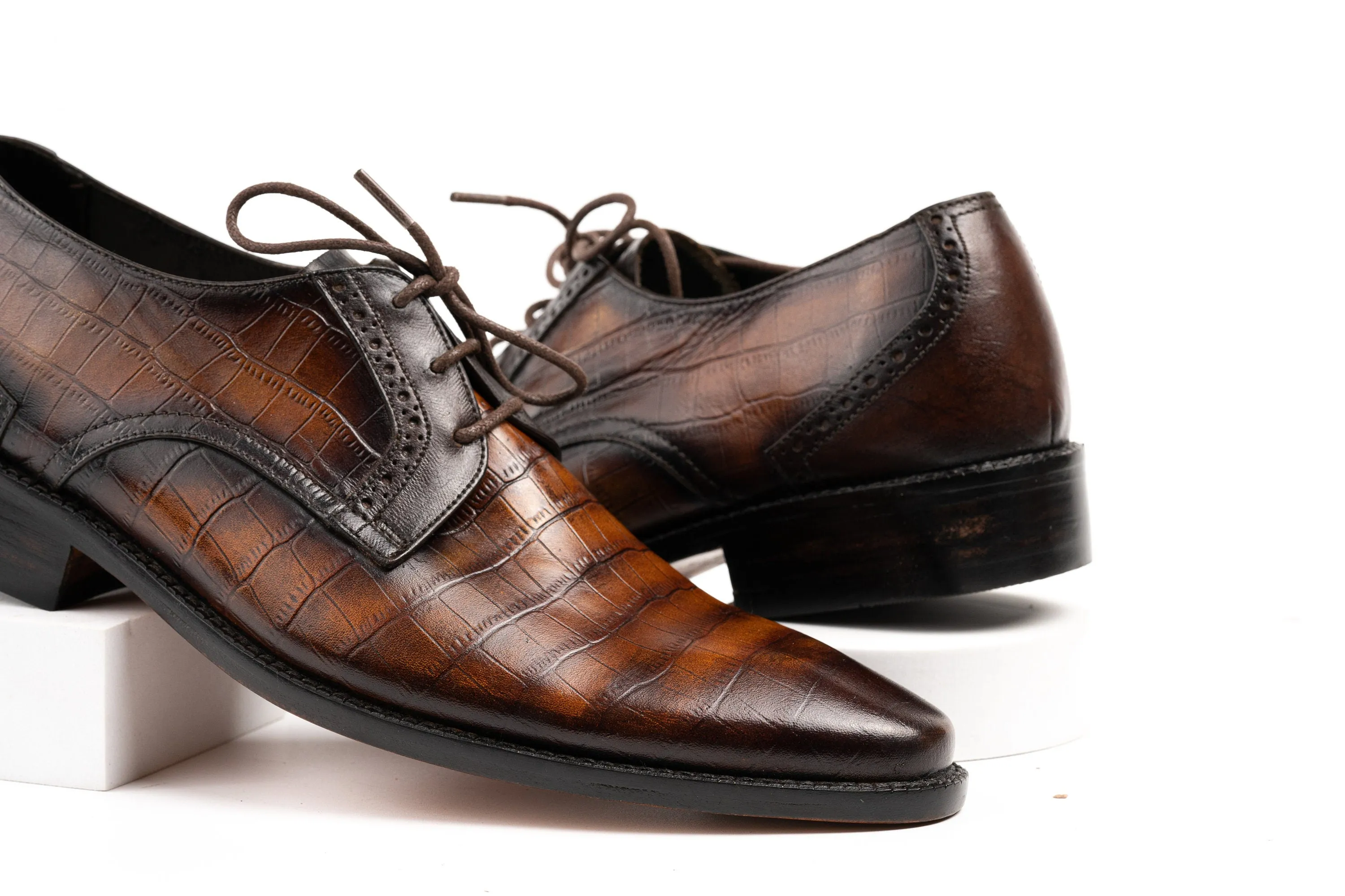 Two Tone Hand Dyed Patina Crocodile Leather Derby Shoes